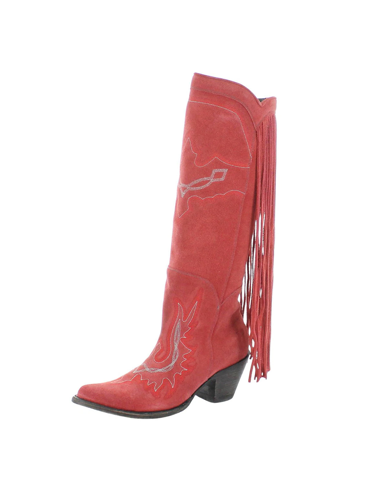 Almond-Toe Faux Suede Fringe Full-Zip Embroidery Knee High Cowgirl Boots - Red