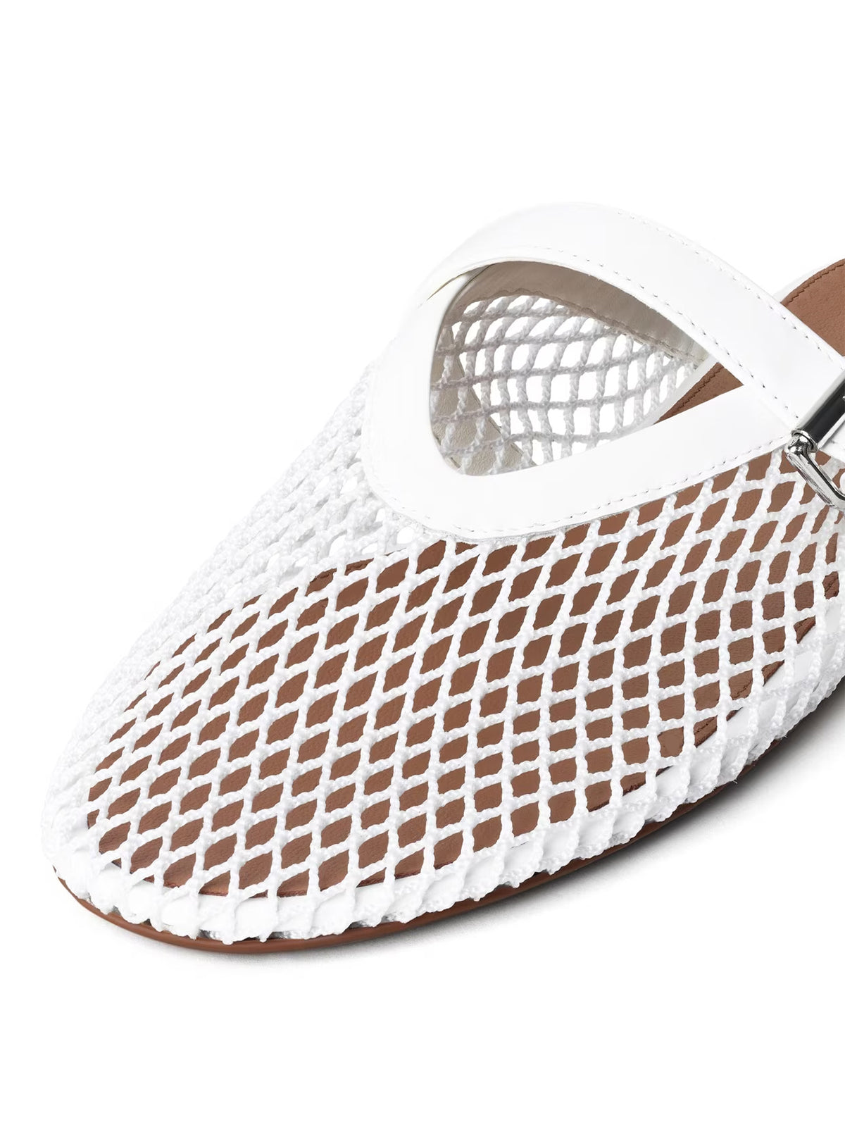 Patent White And Mesh Round-Toe Middle Strap Backless Flats