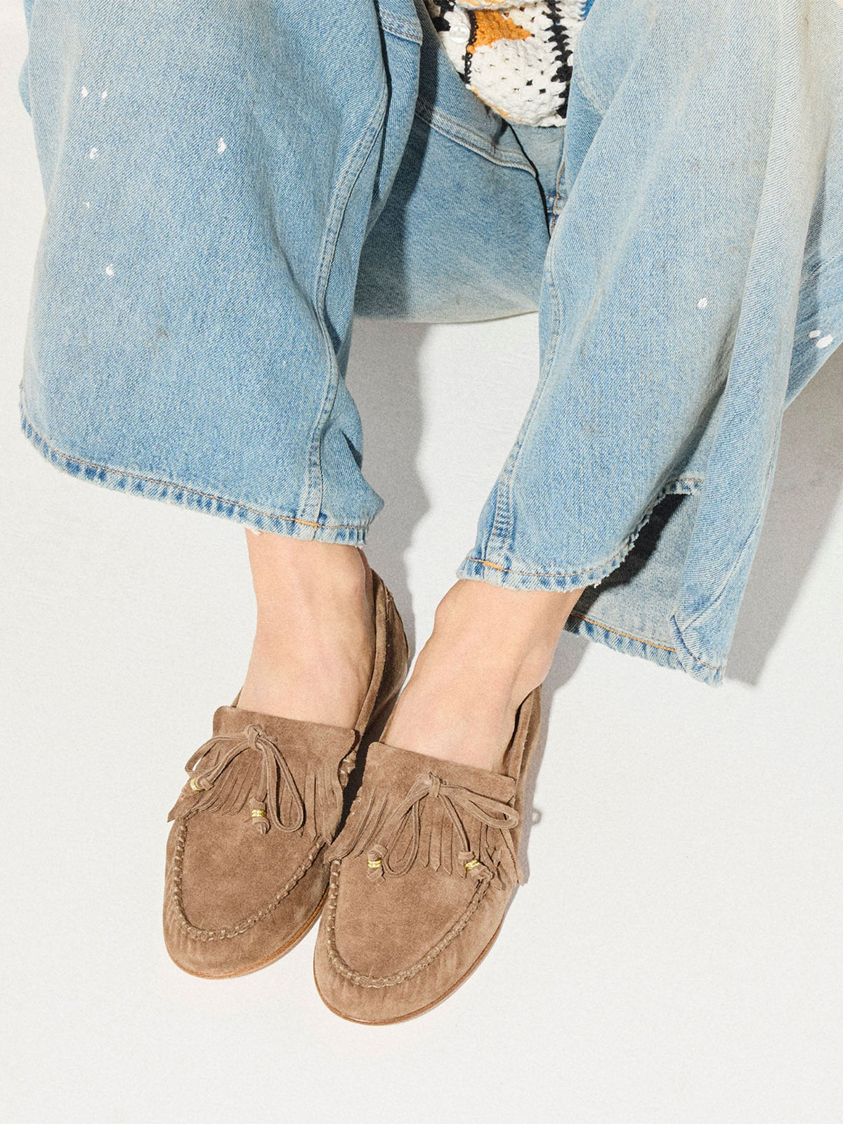 Brown Cow Suede Round-Toe Front Bow And Fringe Flats
