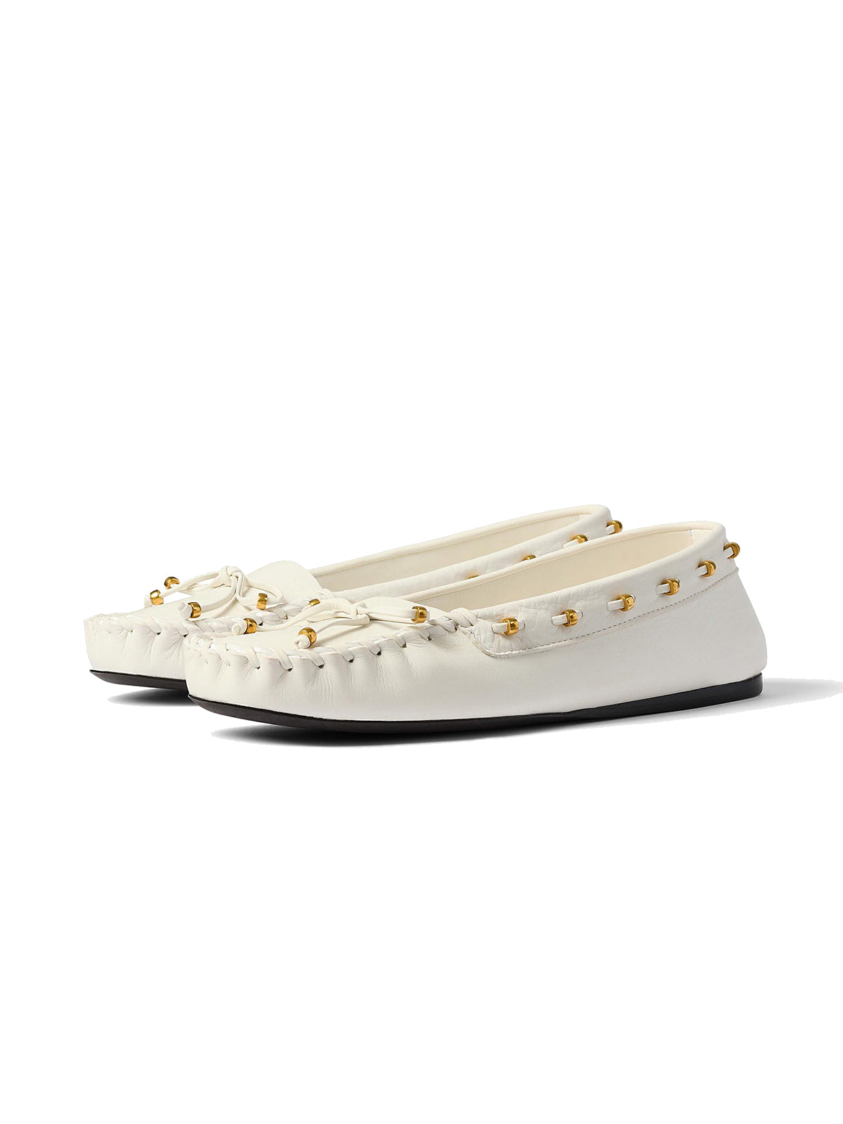 Ivory Cow Leather Square-Toe Running Stitch And Front Bow Flats