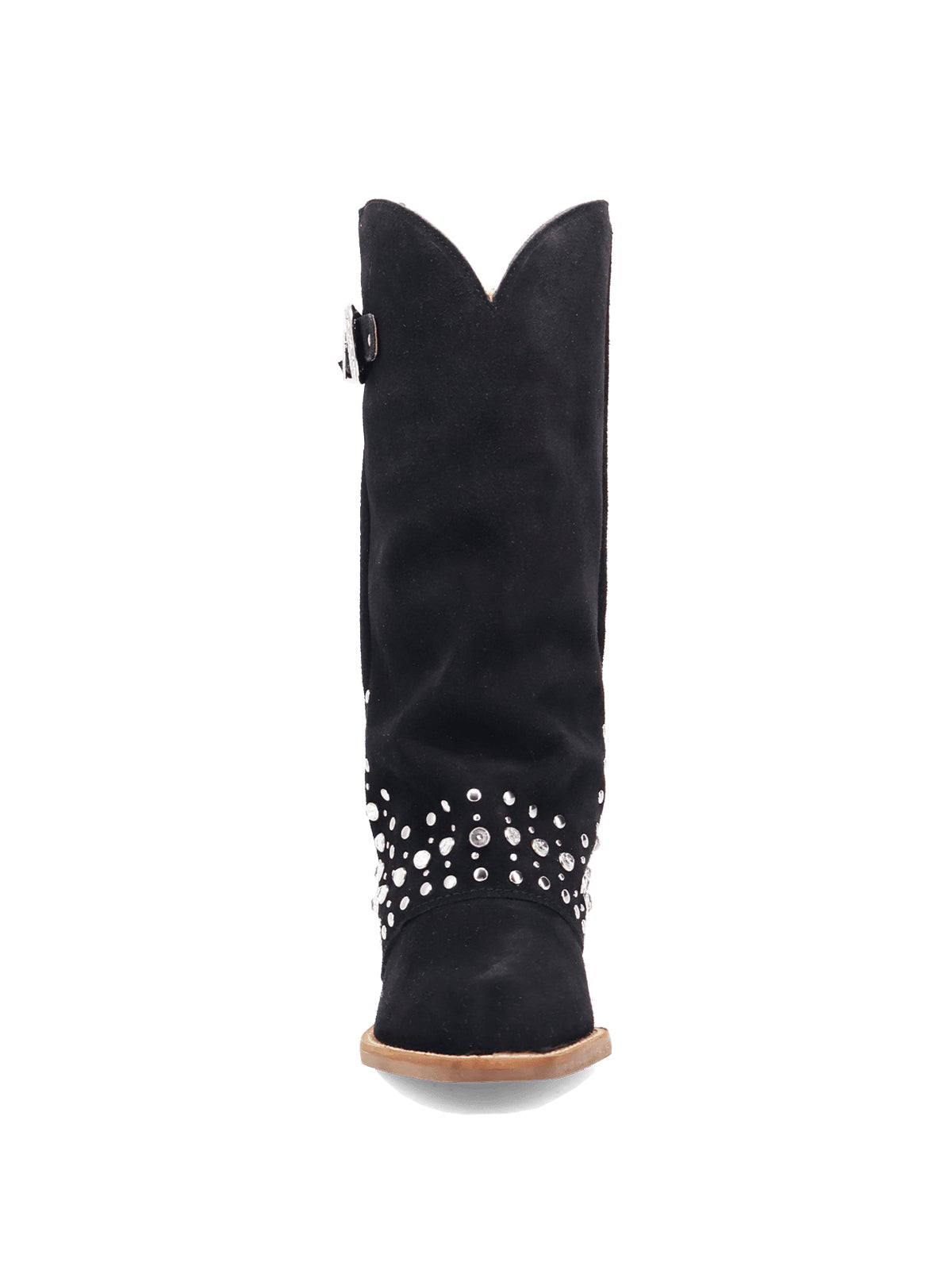 Black Faux Suede Snip-Toe Fold-Over Rhinestones Top Buckle Mid Calf Cowgirl Boots