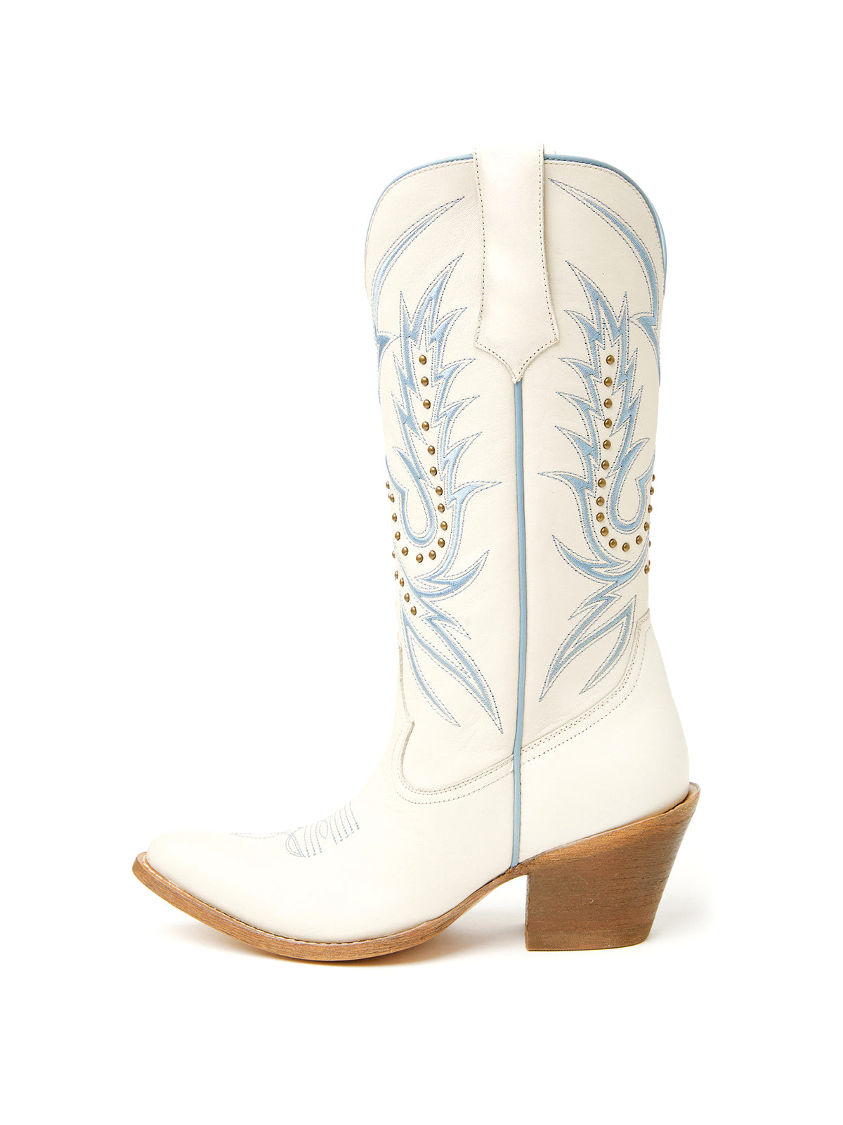 Ivory Round-Toe Chic Embroidery And Studs Mid Calf Cowgirl Boots