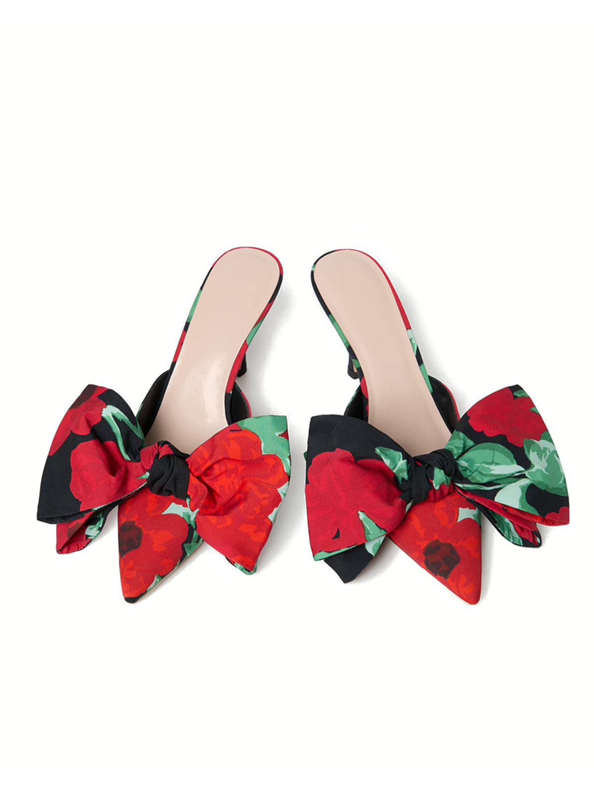 Contrast Tri-Color Flower Figured Cloth Pointed-Toe Front Big Bow Backless High Heels