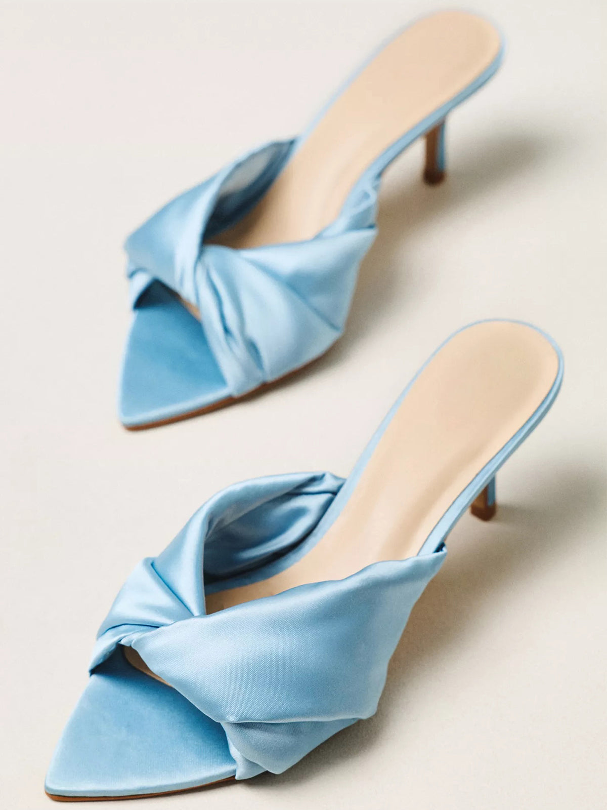 Satin Open Pointed-Toe Front Strap Backless Mules High Heels - Blue