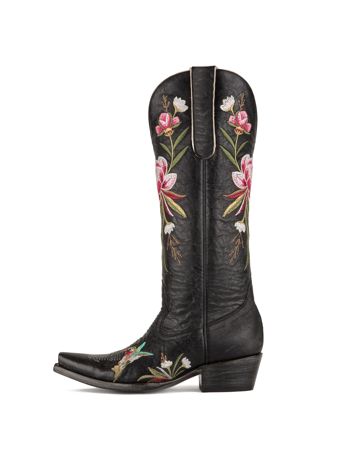 Ebony Snip-Toe Vivid Flowers And Bird Embroidery Wide Calf Knee High Cowgirl Boots