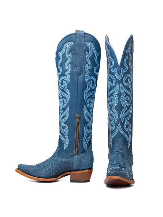 Blue Snakeskin Print And Vegan Leather Snip-Toe Embroidery Half-Zip Knee High Cowgirl Boots