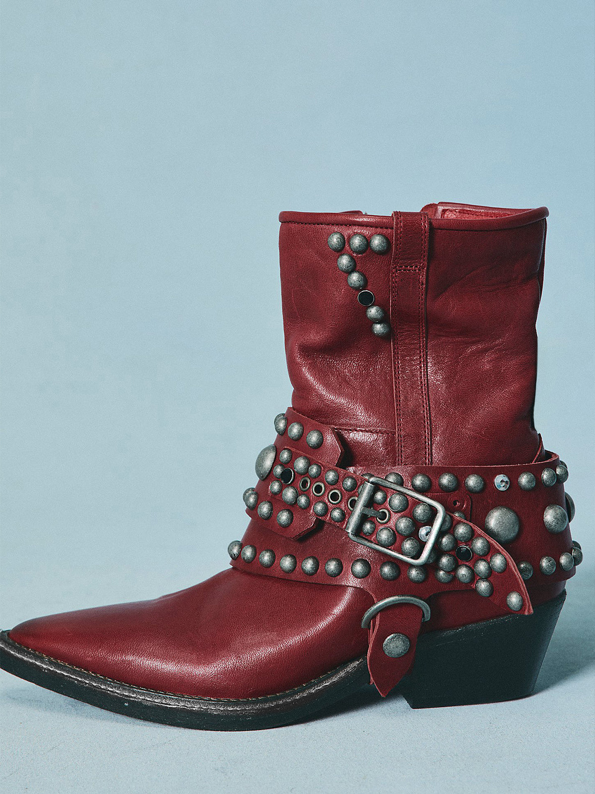 Red Pointed-Toe Studded Buckle Strap Full-Zip Ankle Cowgirl Boots