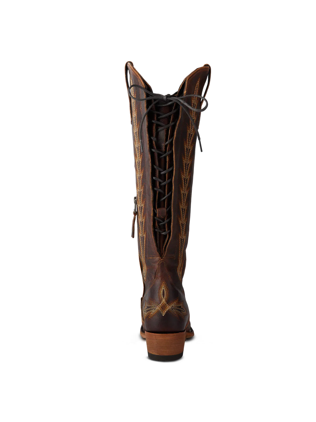 Snip-Toe Embroidery Half-Zip Back Lace-Up Knee High Cowgirl Boots - Cognac