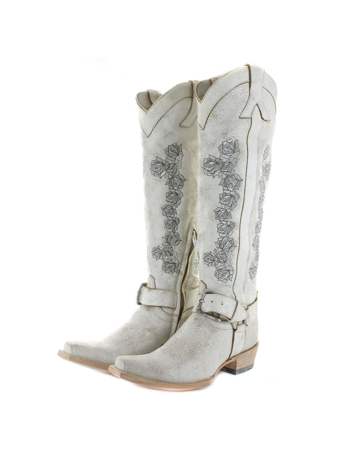 Distressed Taupe Snip-Toe Rose Embroidery Buckle Strap Half-Zip Knee High Cowgirl Boots