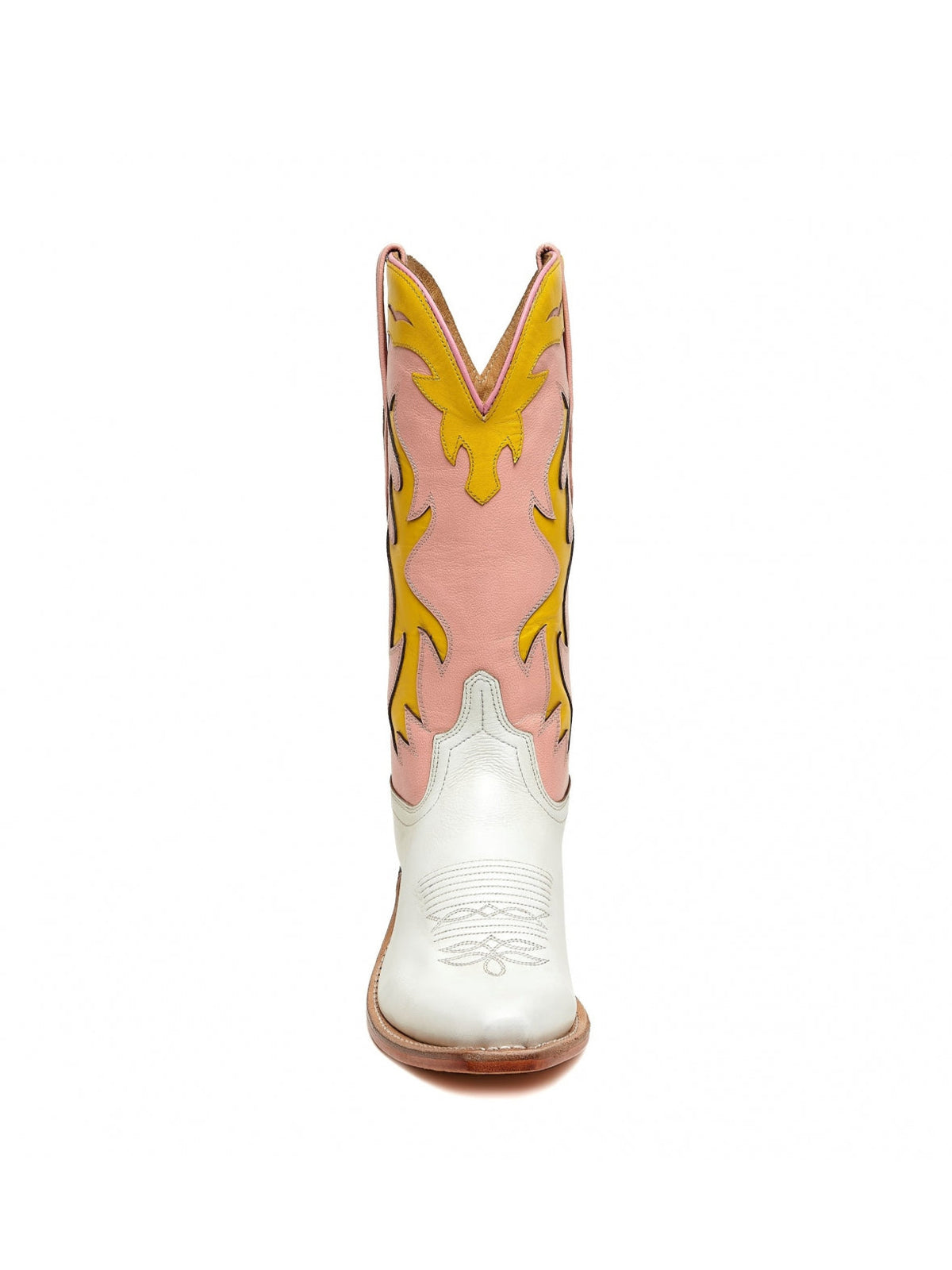 Pink And White Snip-Toe Flame Embroidery Mid Calf Cowgirl Boots