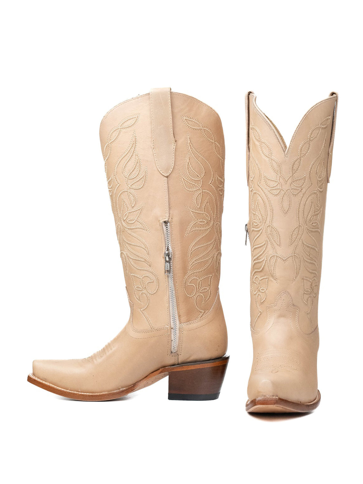 Snip-Toe Sleek Embroidery Half-Zip Knee High Cowgirl Boots For Woman - Beige