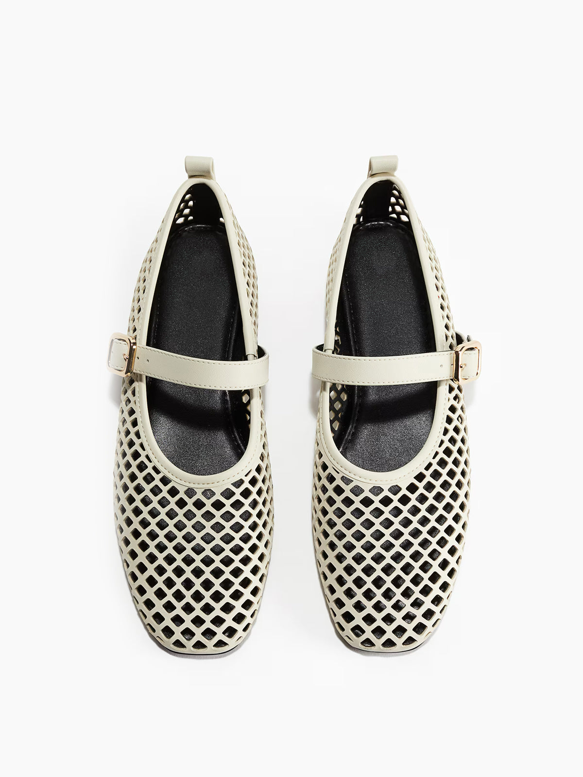 Perforated Square-Toe Bridge Strap Mary Jane Ballet Flats - Beige Patent