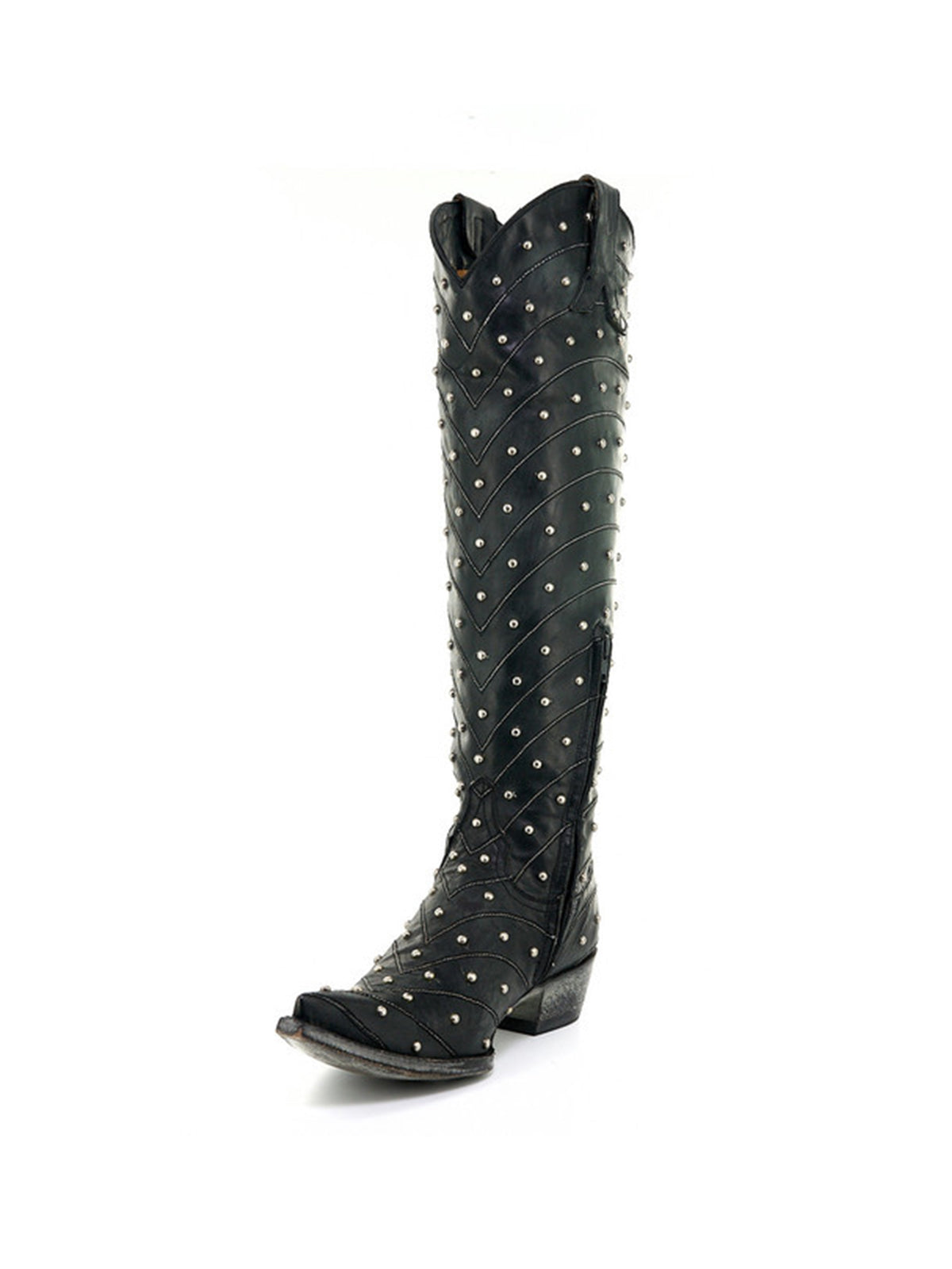 Black Snip-Toe Embroidery And Full Studs Half-Zip Knee High Cowgirl Boots