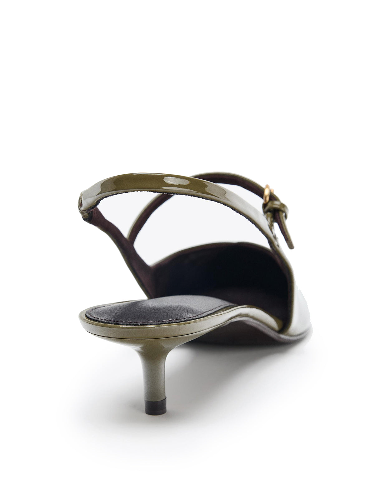 Patent Khaki Green Pointed-Toe Bridge Strap Slingback Kitten Heels