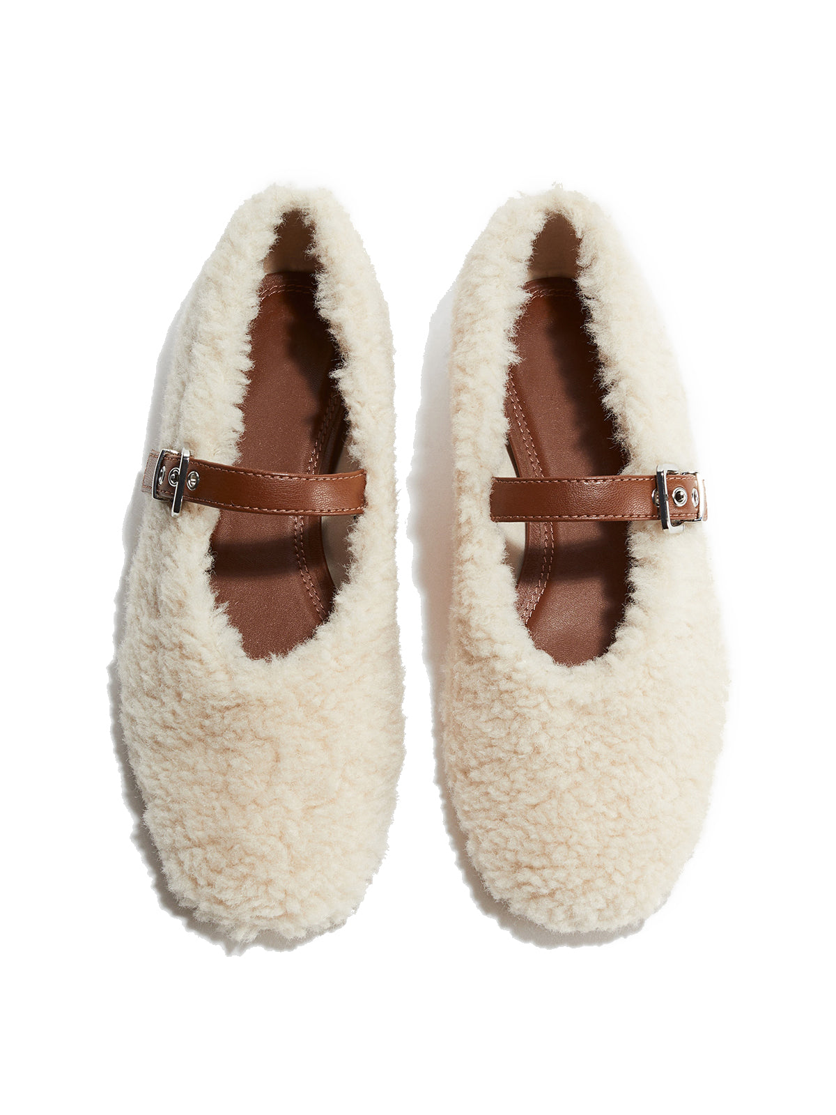 Cream Plush Square-Toe Mary Jane Ballet Flats