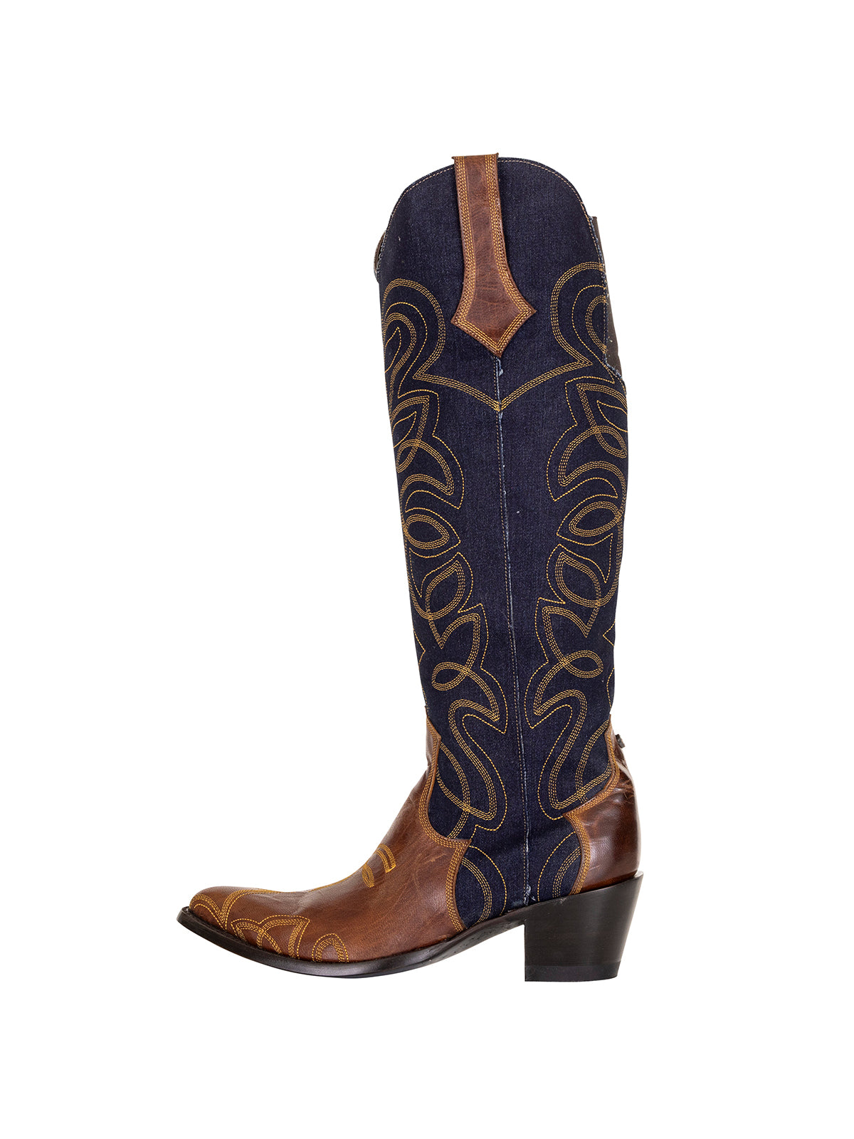 Contrast Blue Denim And Vegan Leather Almond-Toe Embroidery Half-Zip Knee High Cowgirl Boots