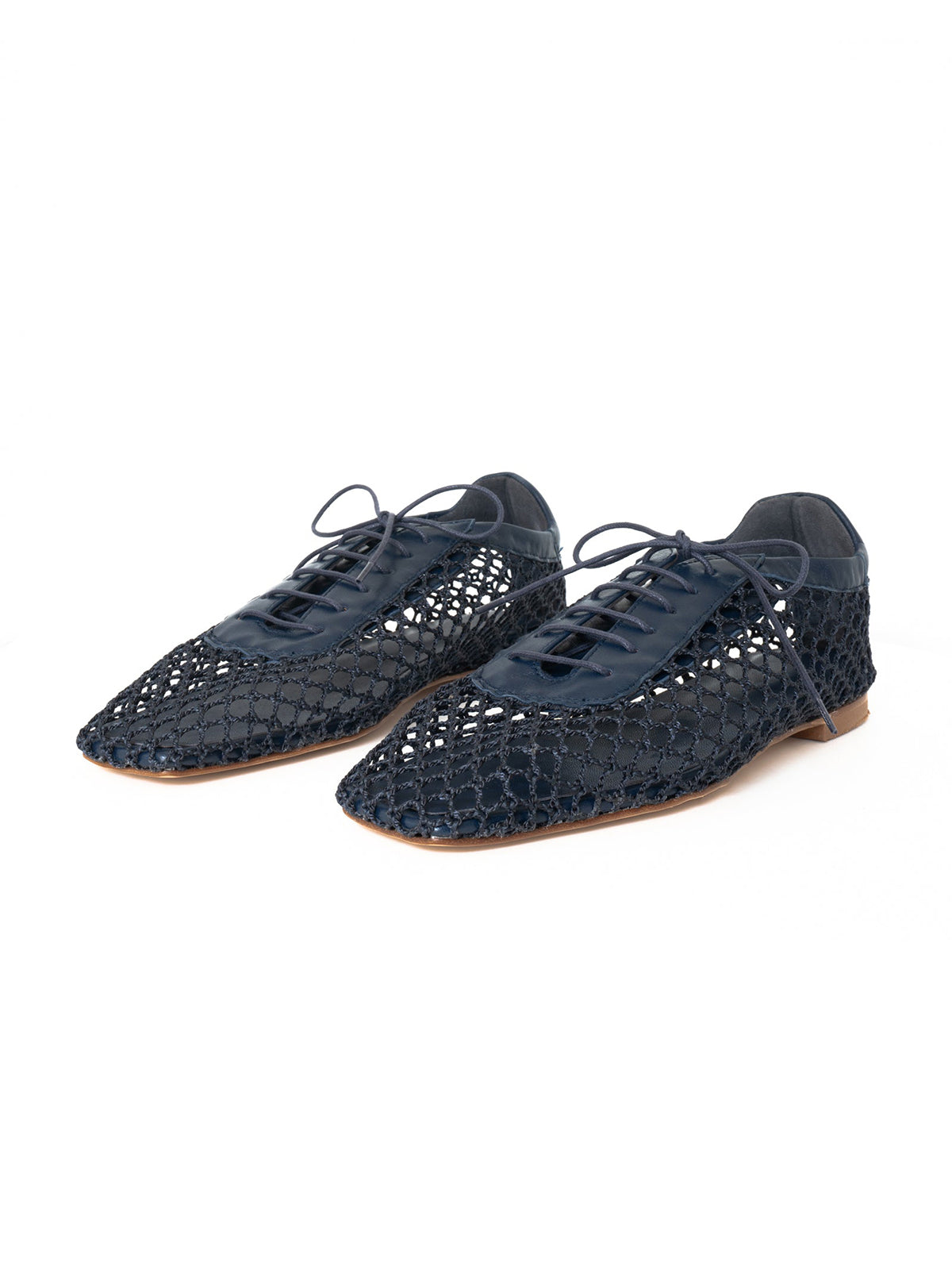 Navy Mesh And Vegan Leather Square-Toe Lace-Up Chic Flats