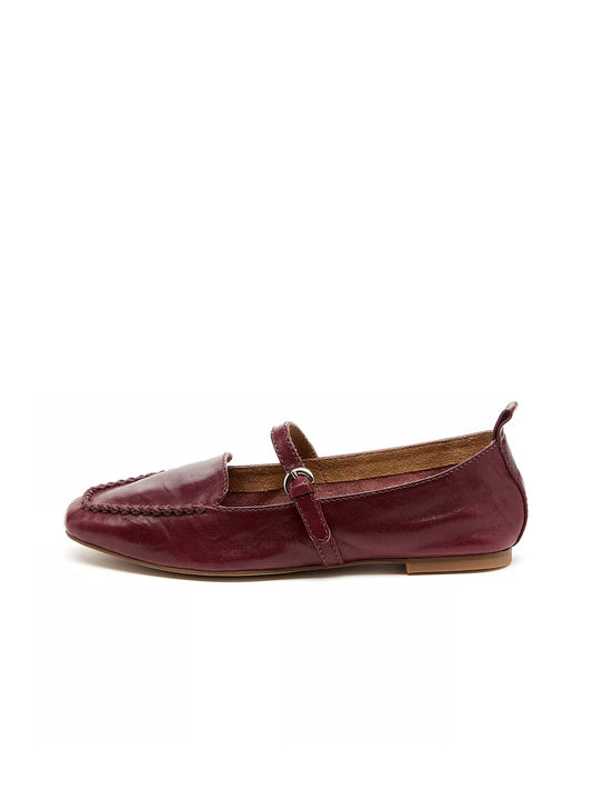 Wine Red Square-Toe Slip-On Mary Jane Flats Loafers