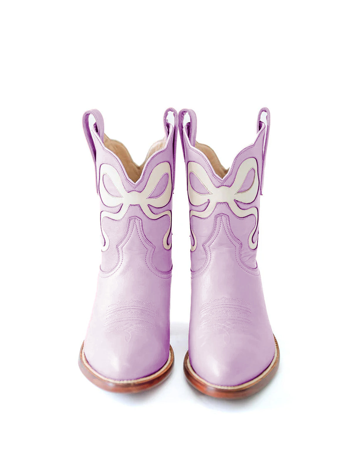 Purple Almond-Toe Ankle Western Boots With White Bowknot Inlay