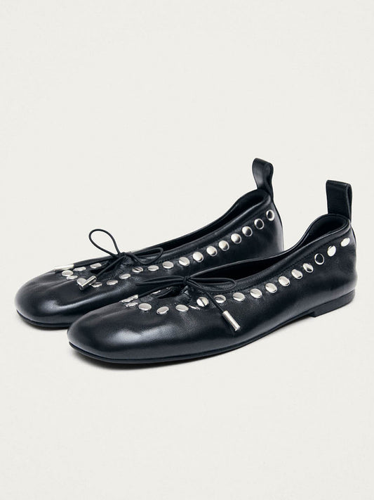 Black Square-Toe Side Studs And Front Bow Chic Ballet Flats
