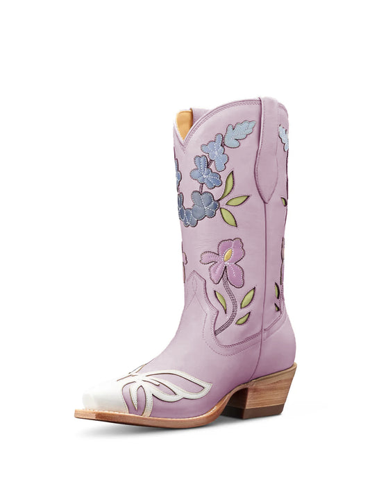 Lavender Snip-Toe Flower Applique Mid Calf Pull On Cowgirl Boots