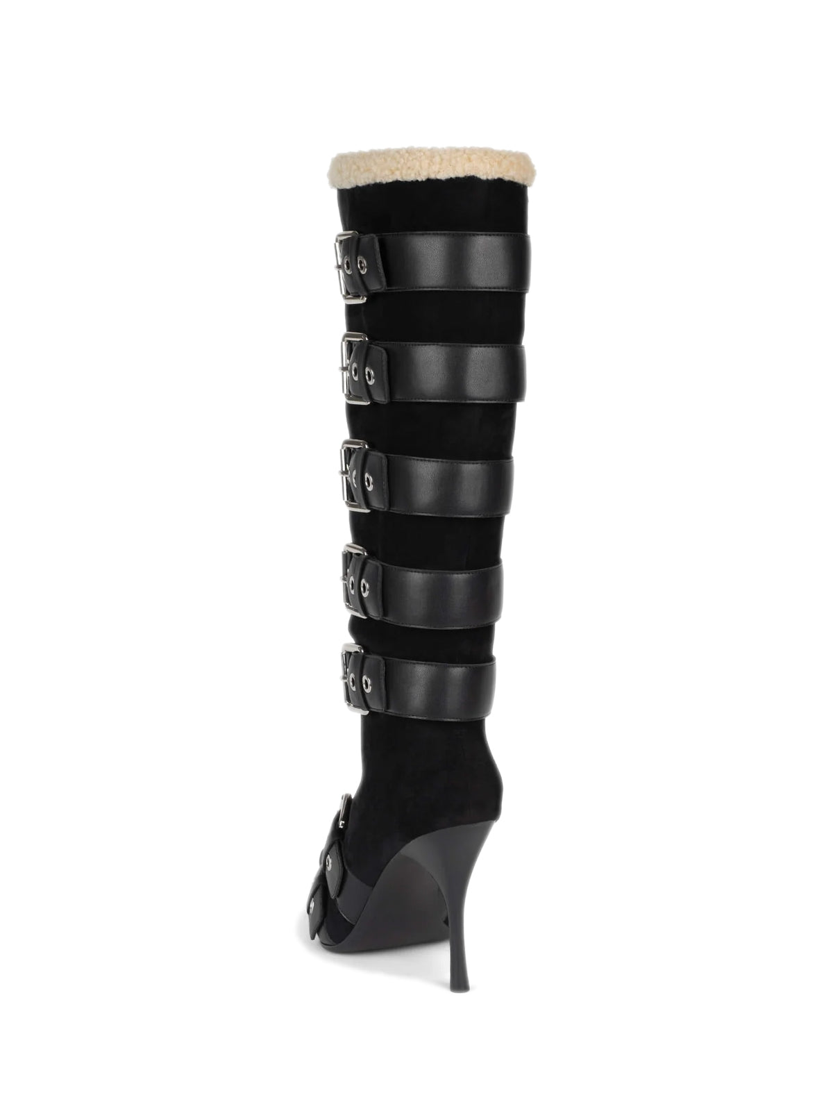 Black Faux Suede Pointed-Toe Plush Full-Zip Knee High Stiletto Boots With Buckles