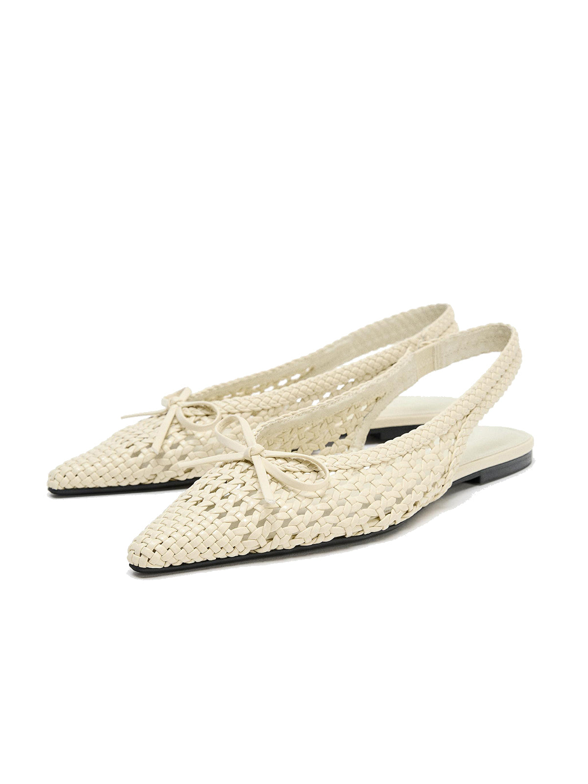 Beige Woven Vegan Leather Pointed-Toe Front Bow Slingback Flats