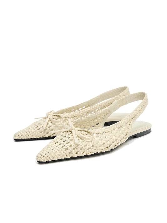 Beige Woven Vegan Leather Pointed-Toe Front Bow Slingback Flats