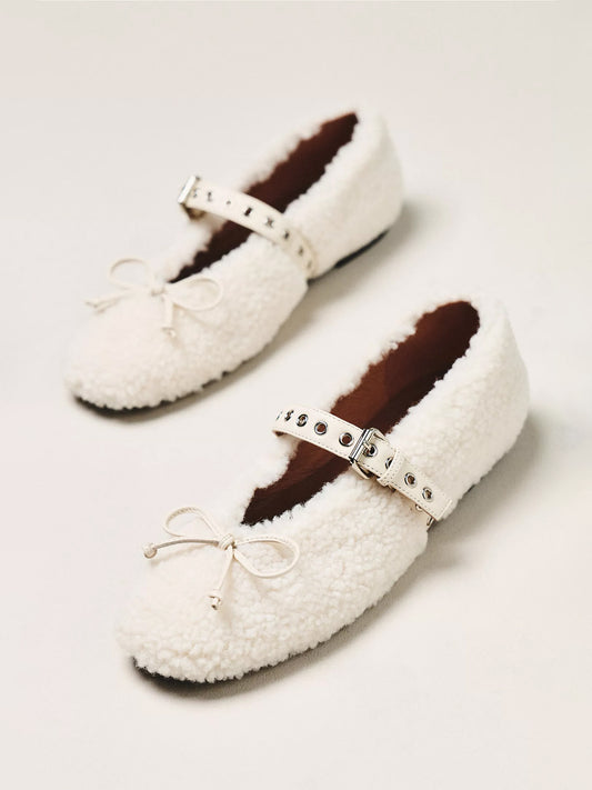 White Plush Square-Toe Front Bow Mary Jane Ballet Flats