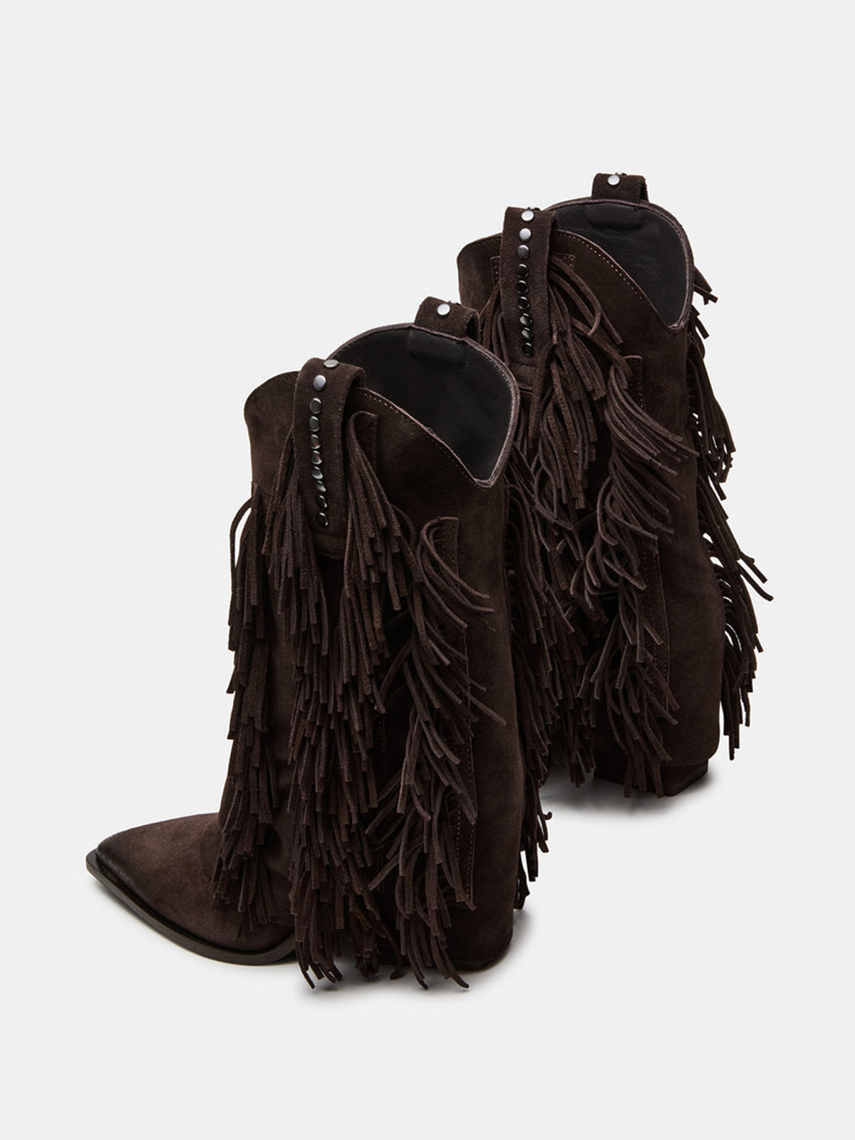 Dark Gray Faux Suede Pointed-Toe Full Fringe Fold-Over Mid Calf Cowgirl Boots
