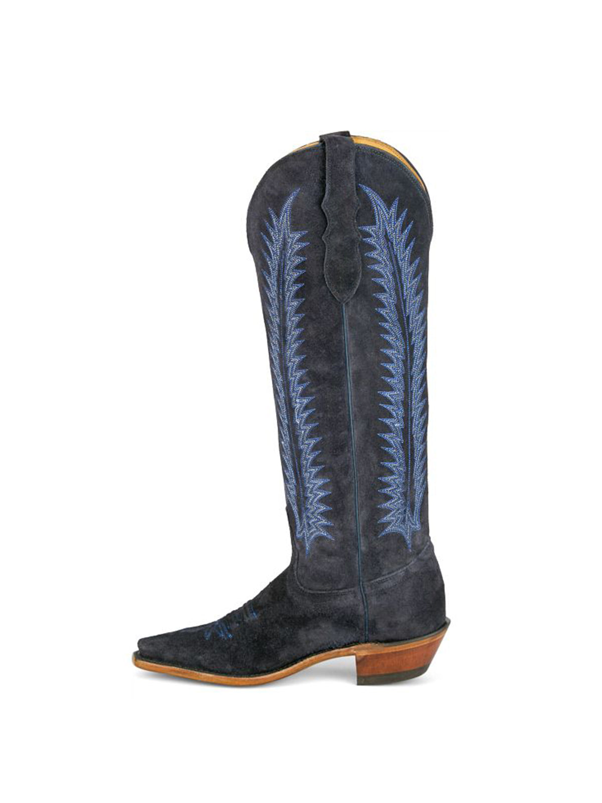 Blue Faux Suede Snip-Toe Wide Calf Embroidery Knee High Cowgirl Boots
