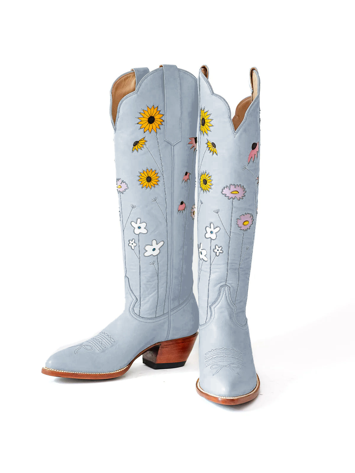 Gray Almond-Toe Colorful Flowers Inlay Wide Calf Knee High Cowgirl Boots