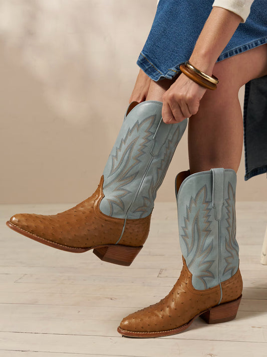 Contrast Blue And Tan Ostrich Print Almond-Toe Embroidery Mid Calf Cowgirl Boots