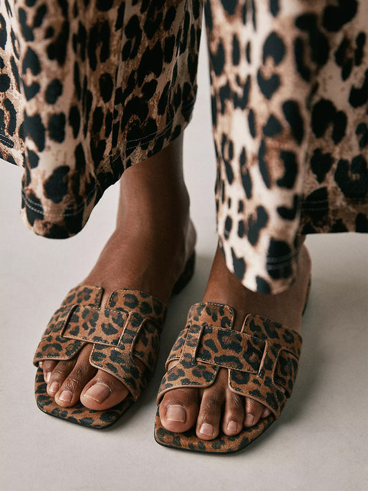 Brown Leopard Square-Toe Slip-On Sandals