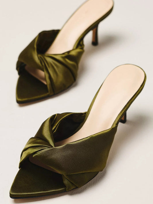 Satin Open Pointed-Toe Front Strap Backless Mules High Heels - Green