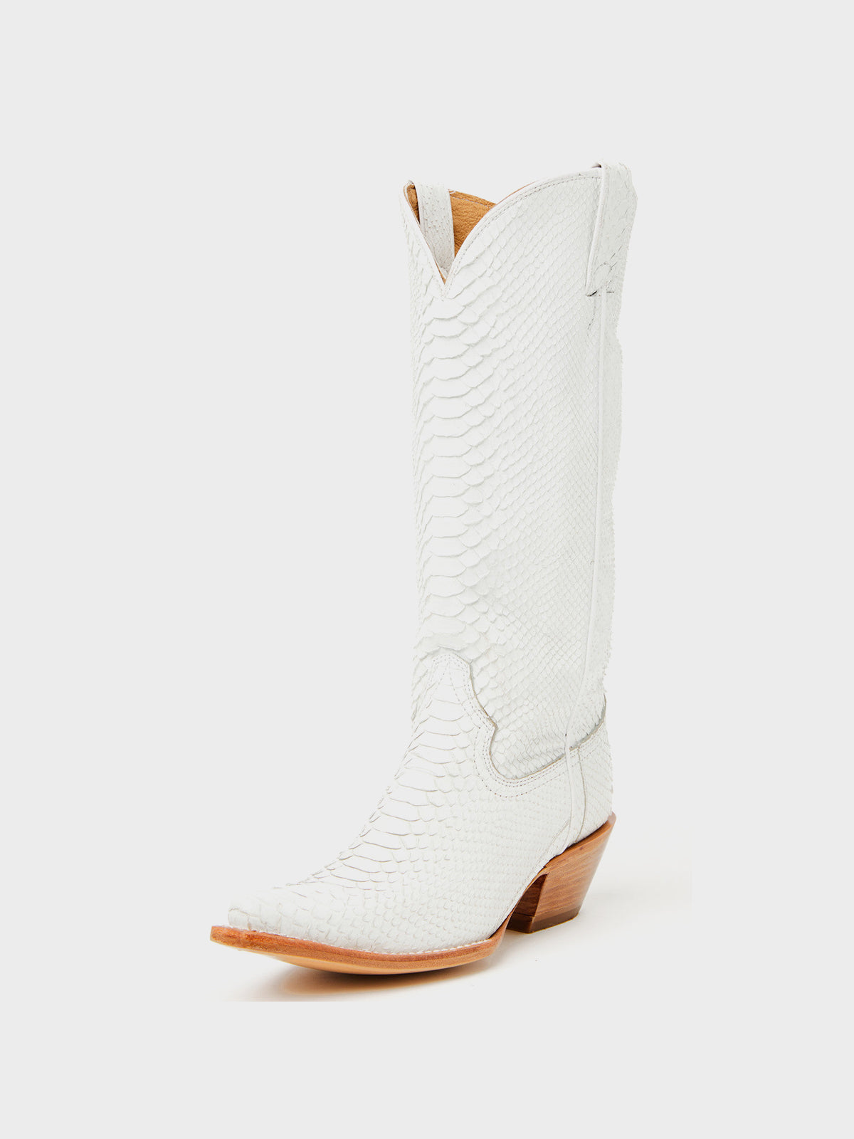 White Snakeskin Print Snip-Toe Sleek Wide Calf Knee High Cowgirl Boots