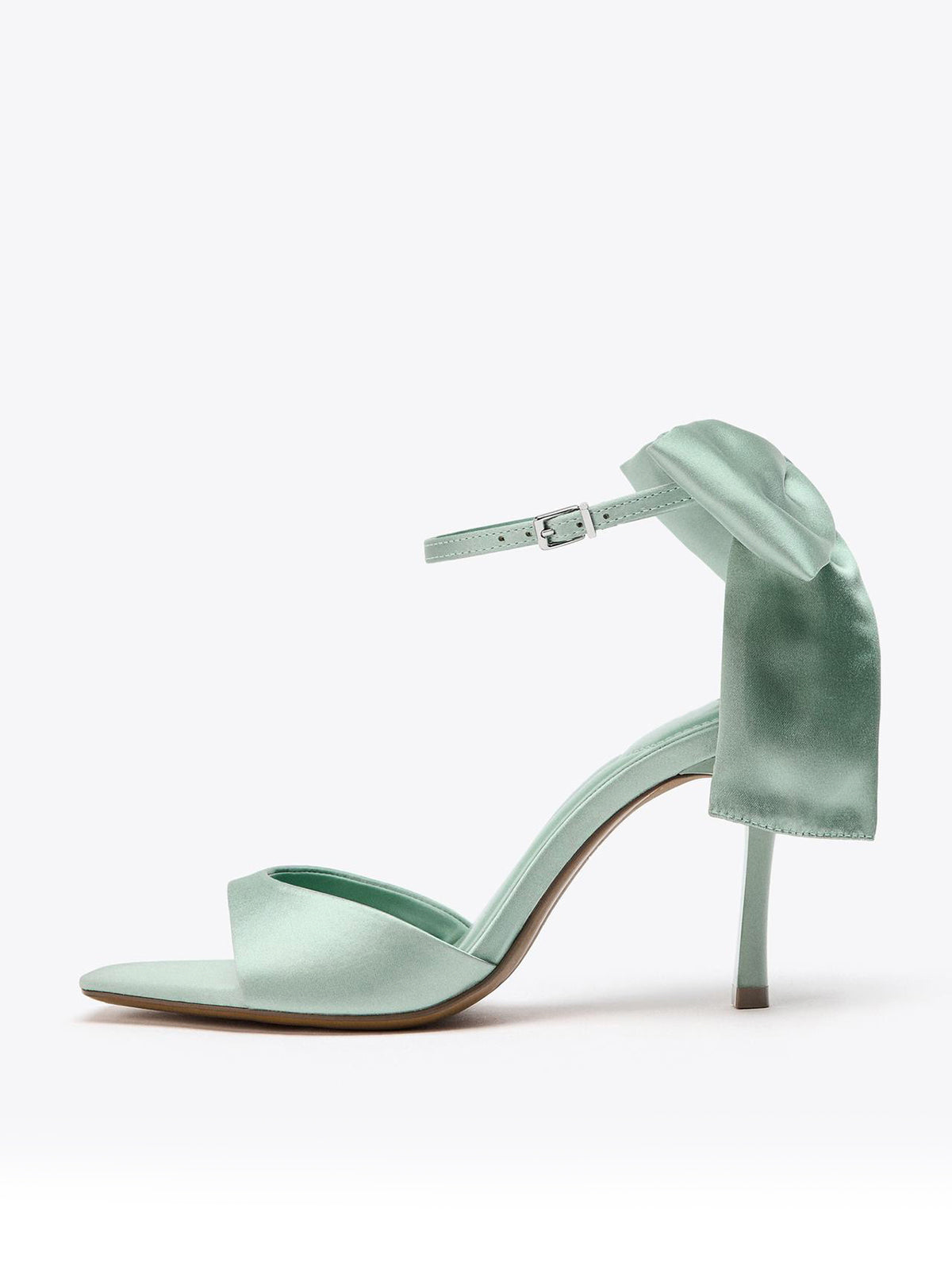Green Satin Square-Toe Ankle Strap With Bow High Heels