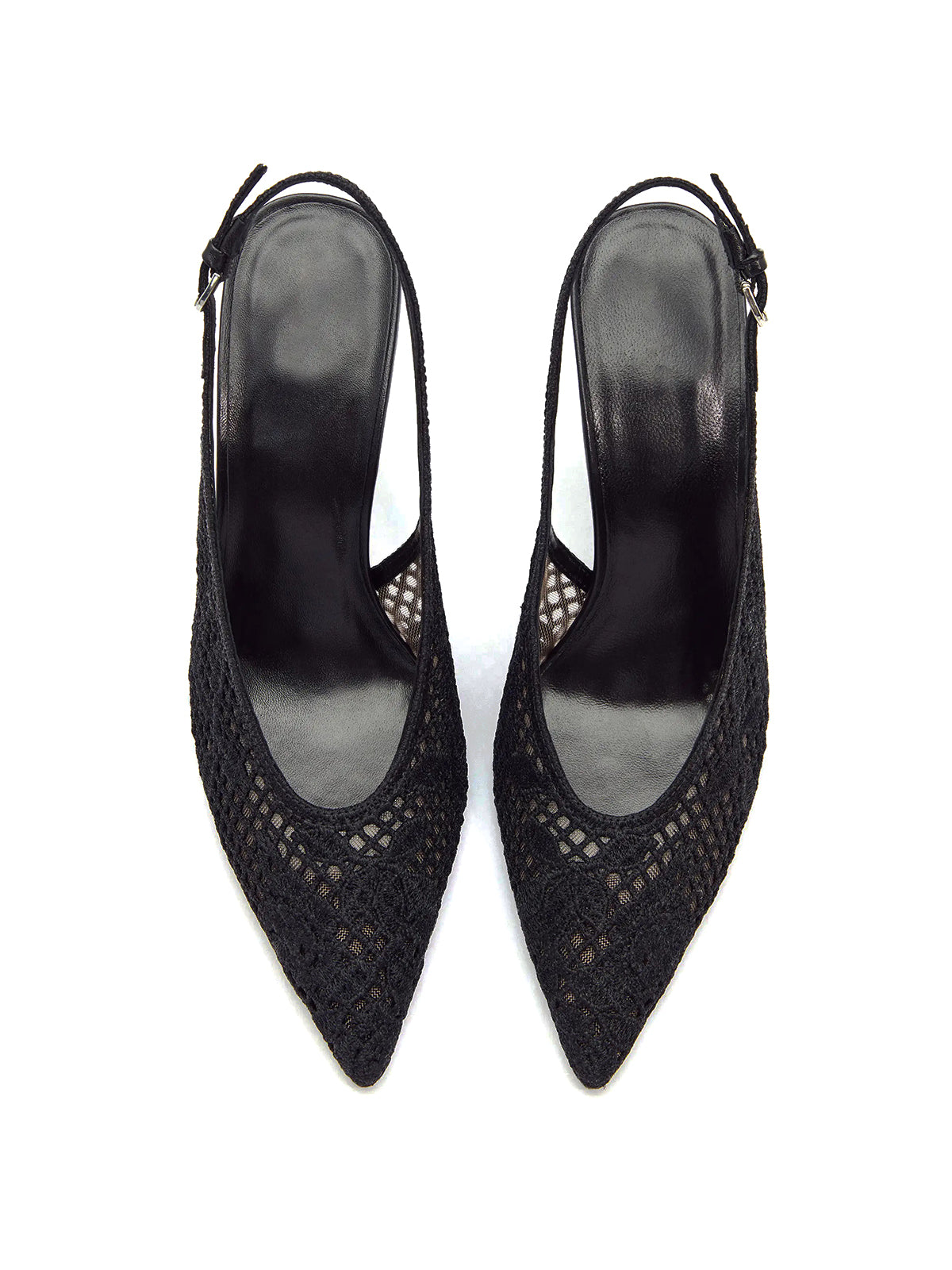 Black Woven And Mesh Pointed-Toe Buckle Back Strap High Heels