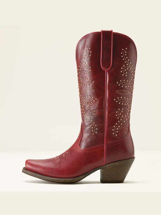 Dark Red Square-Toe Stitch And Studs Chic Mid Calf Cowgirl Boots