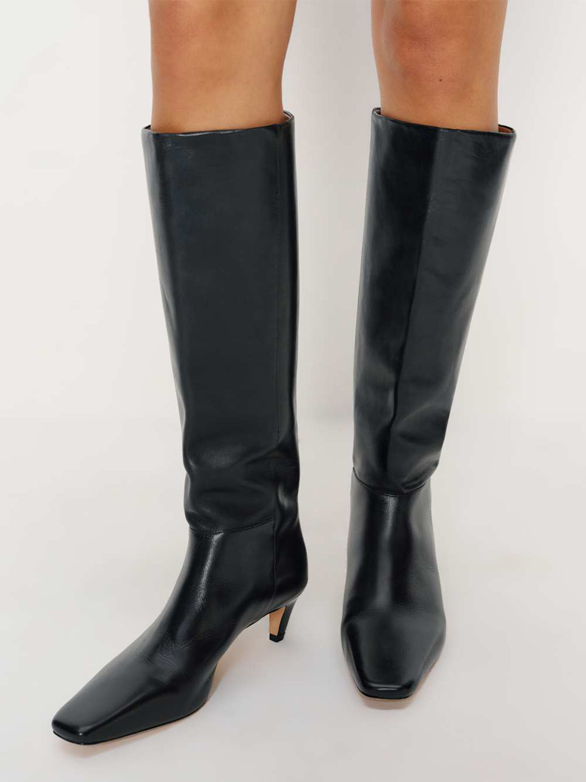 Black Square-Toe Simple Wide Calf Knee High Stiletto Boots