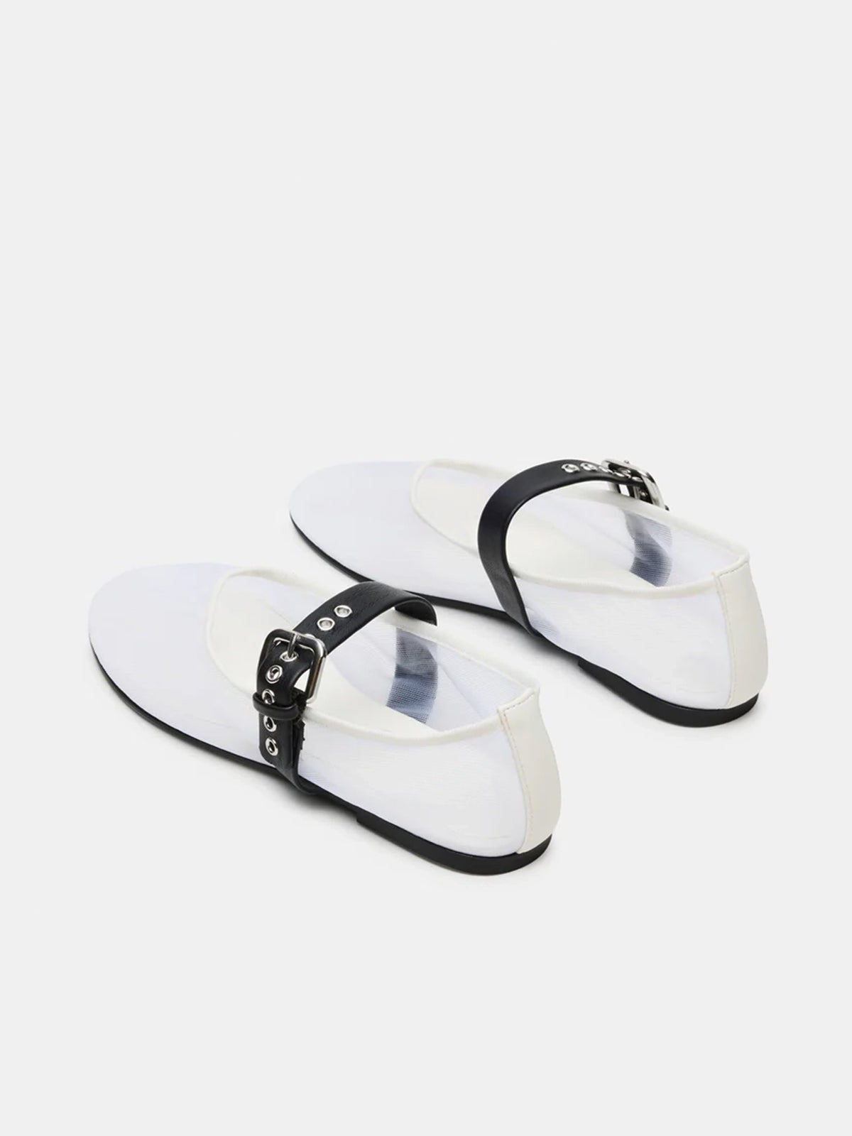 White Mesh Round-Toe Bridge Buckle Strap Ballet Flats