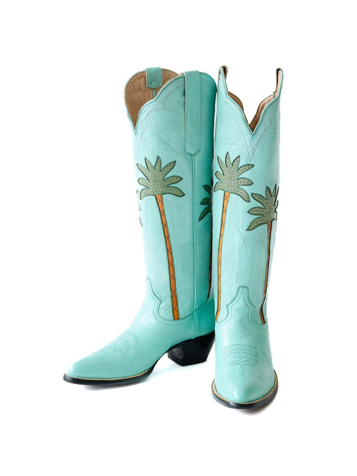 Light Green Almond-Toe Palm And Flowers Inlay Wide Calf Tall Knee High Cowgirl Boots