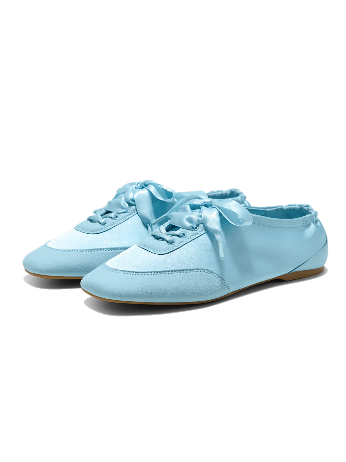 Blue Satin And Faux Suede Square-Toe Floral Embroidery Lace-Up Flats