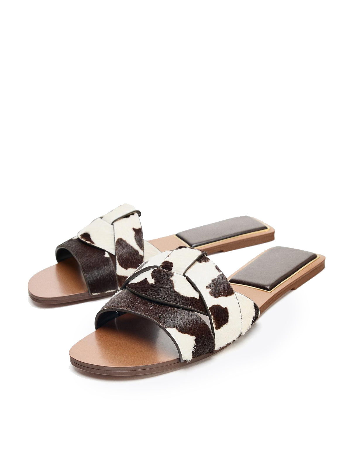 Front Crossover Strap Round-Toe Flat Sandals - Cow Faux Pony Hair
