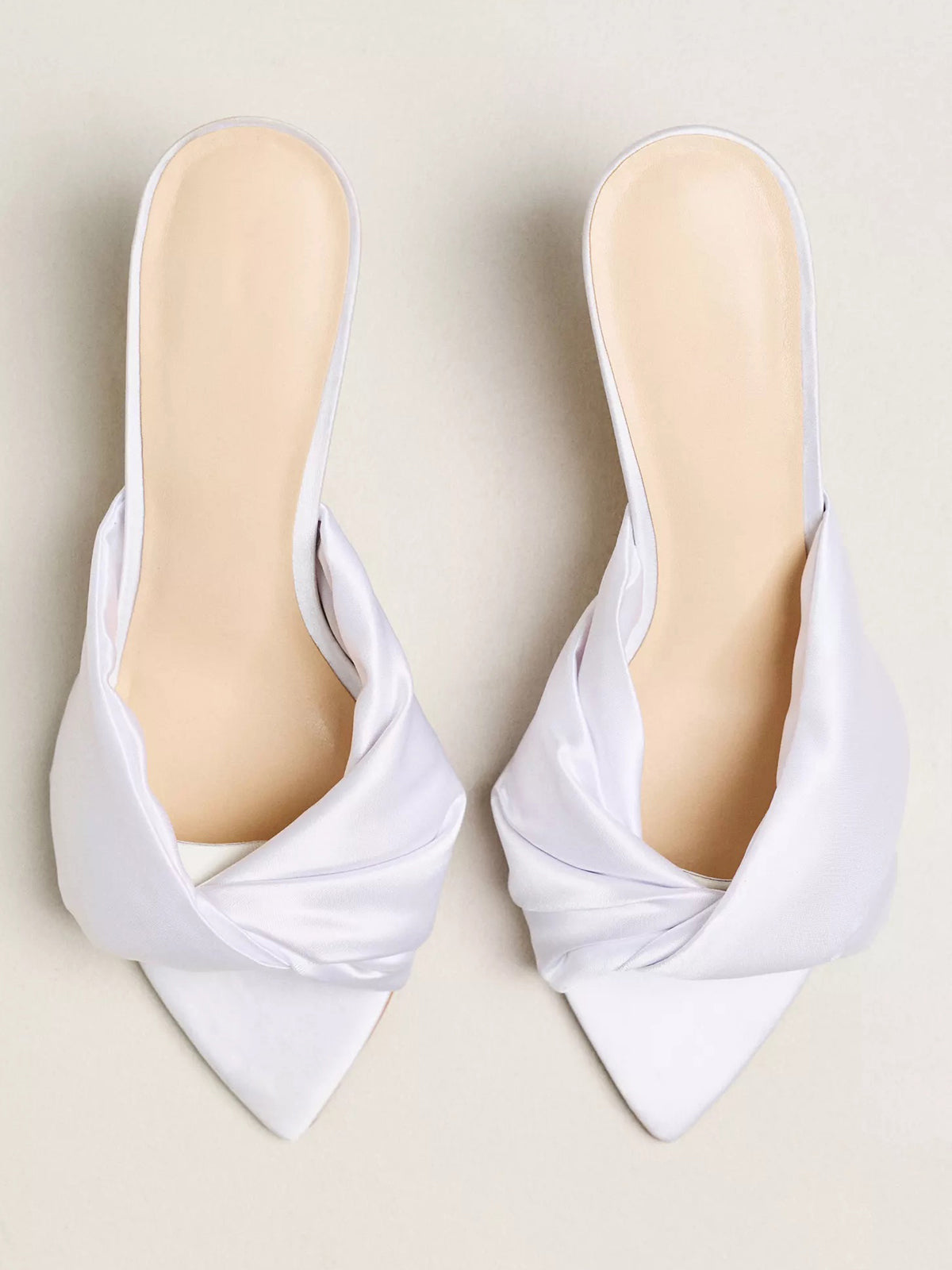 Satin Open Pointed-Toe Front Strap Backless Mules High Heels - White