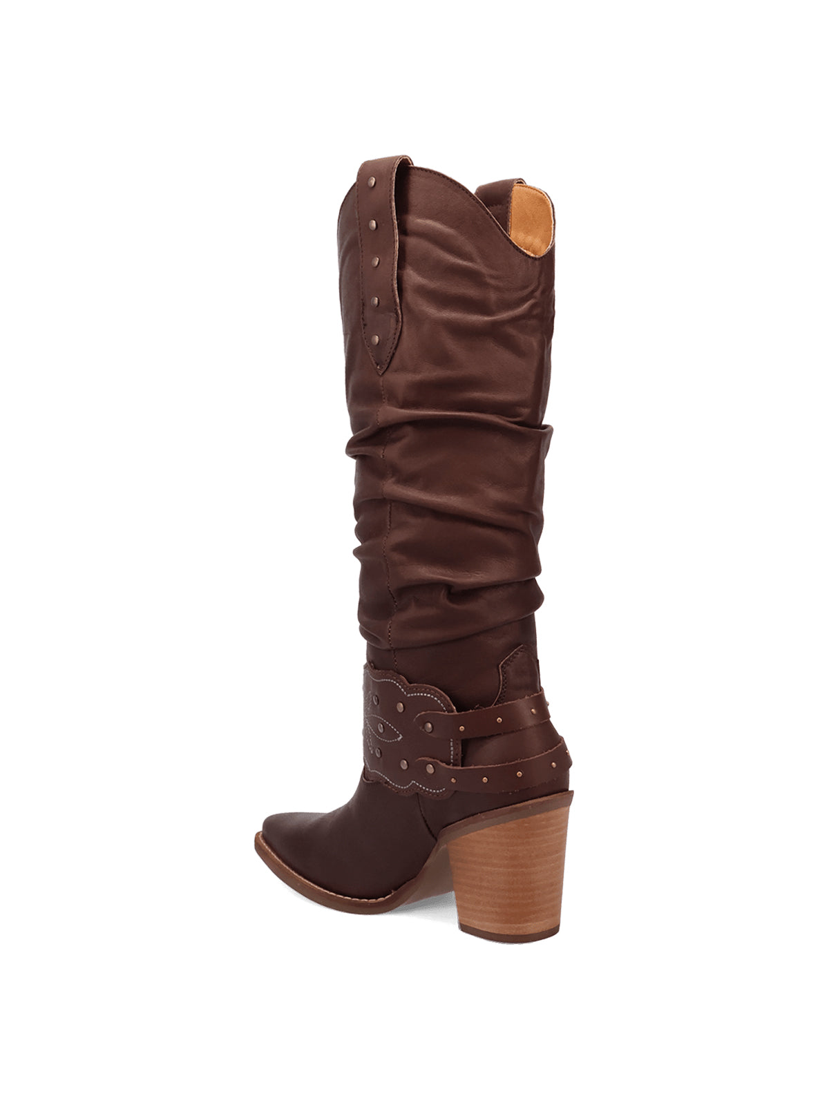 Brown Snip-Toe Slouchy And Double Studded Straps Wide Calf Knee High Cowgirl Boots