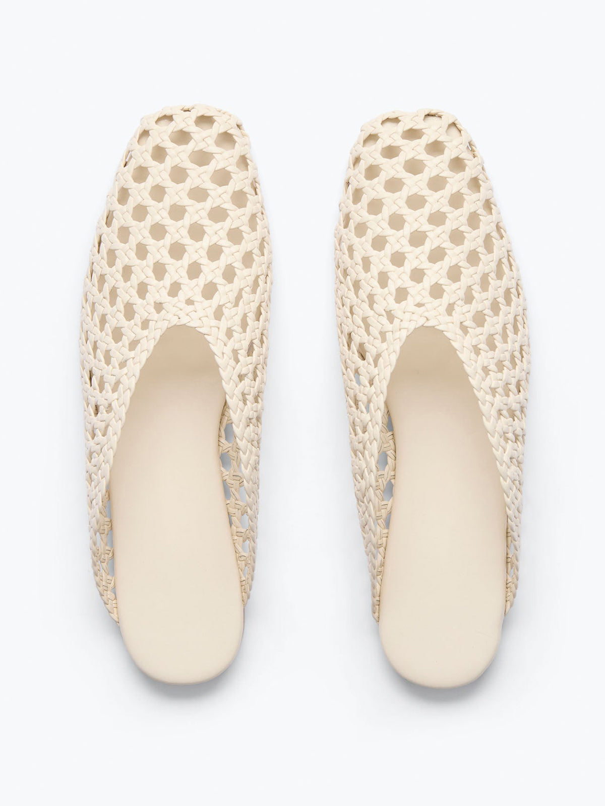 Woven Vegan Leather Square-Toe Ankle Lace-Up Backless Flats - Bone