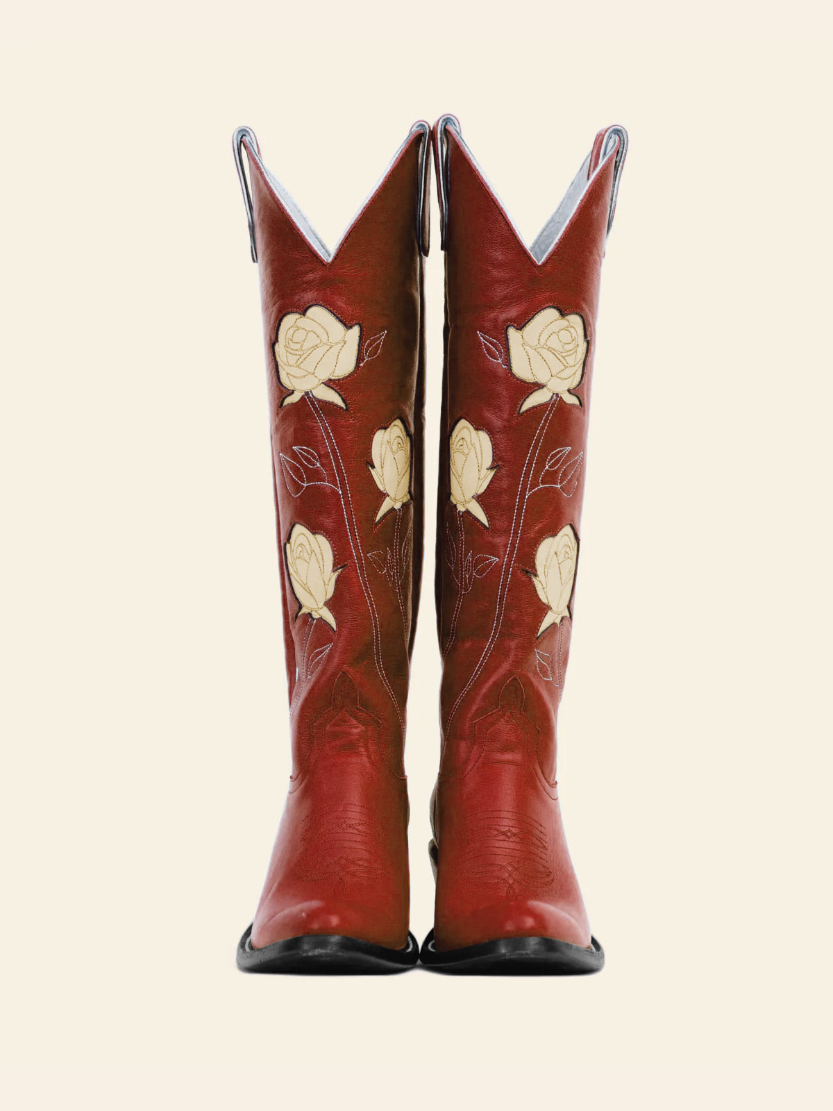 Red Almond-Toe Cowgirl Knee High Boots With White Rose Inlay