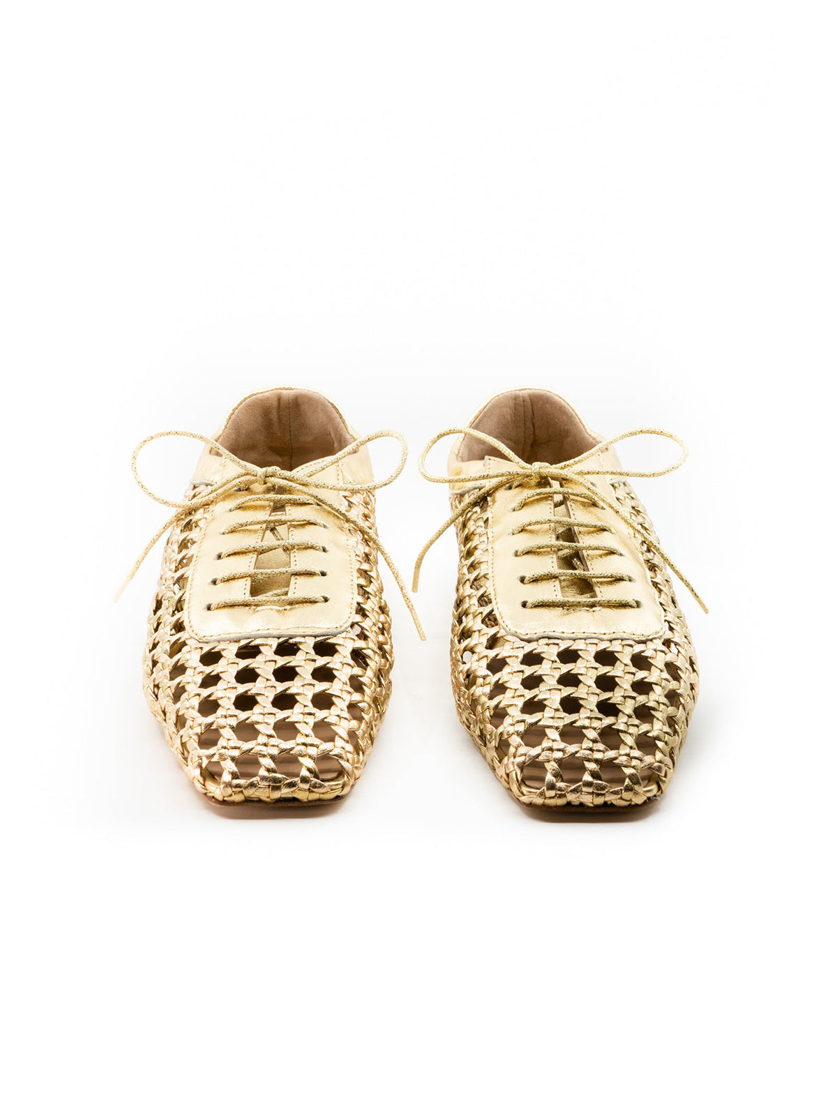 Metallic Gold Woven Vegan Leather Square-Toe Chic Lace-Up Flats