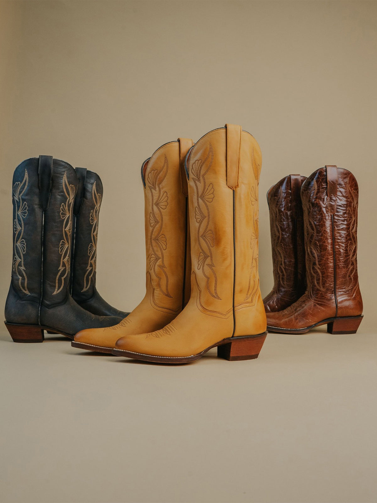 Mustard Yellow Almond-Toe Fan-Shaped Embroidery Wide Knee High Cowgirl Boots